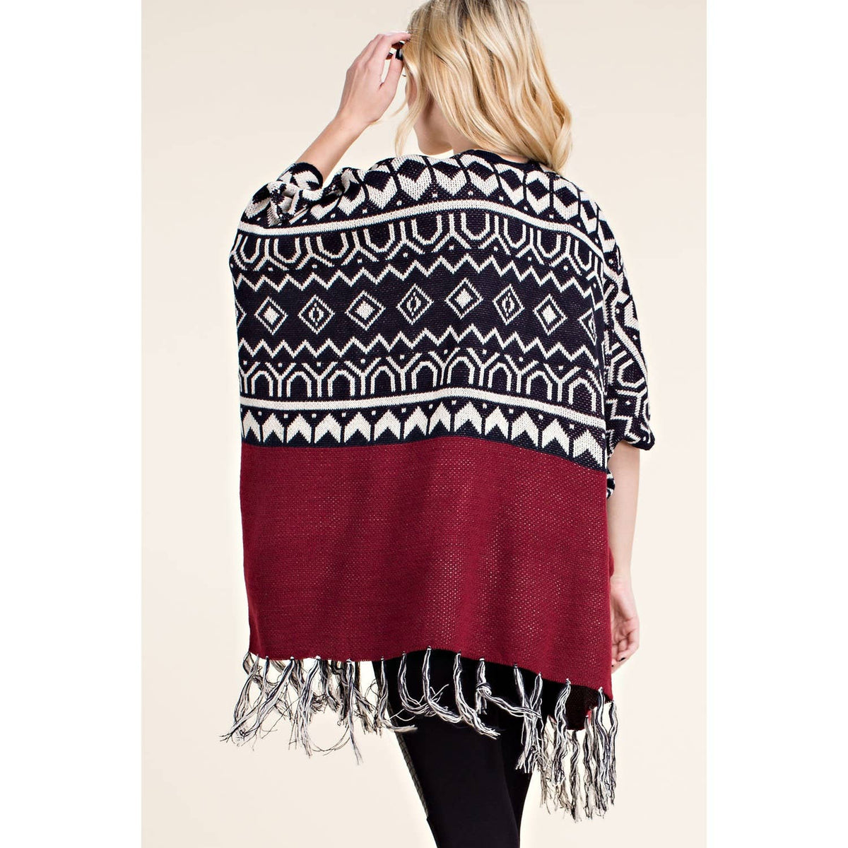 SWEATER WRAP CARDIGAN WITH FRINGE - Burgandy