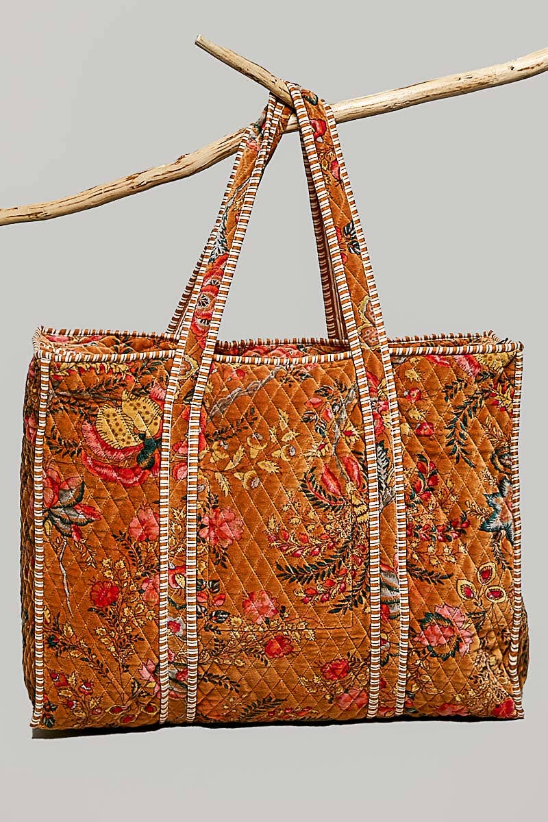 Botanical Velvet Quilted Oversized Weekender Tote Bag: FUCHSIA