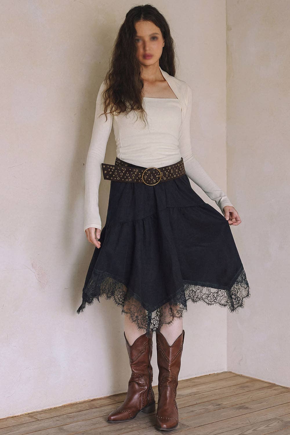 Lace Trim Faux Suede Asymmetrical Skirt - black