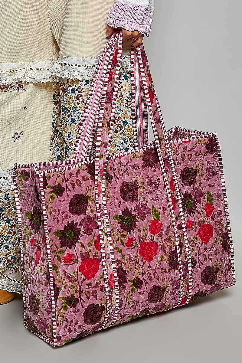 Botanical Velvet Quilted Oversized Weekender Tote Bag: FUCHSIA