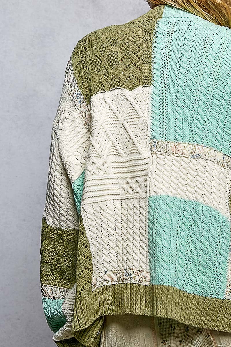 Color block pattern patch sweater cardigan: MINT/OLIVE