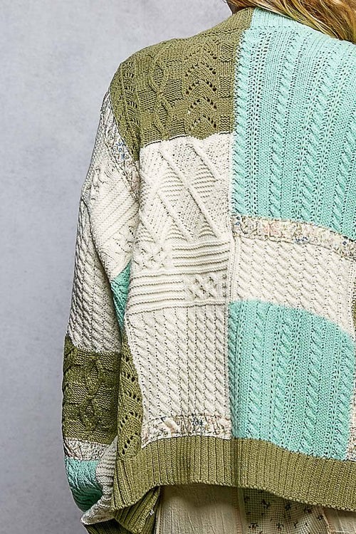 Color block pattern patch sweater cardigan: MINT/OLIVE