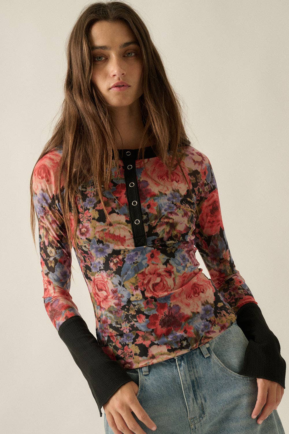 Floral Print Mesh Split Cuff Raglan Sleeve Henley Top: Black