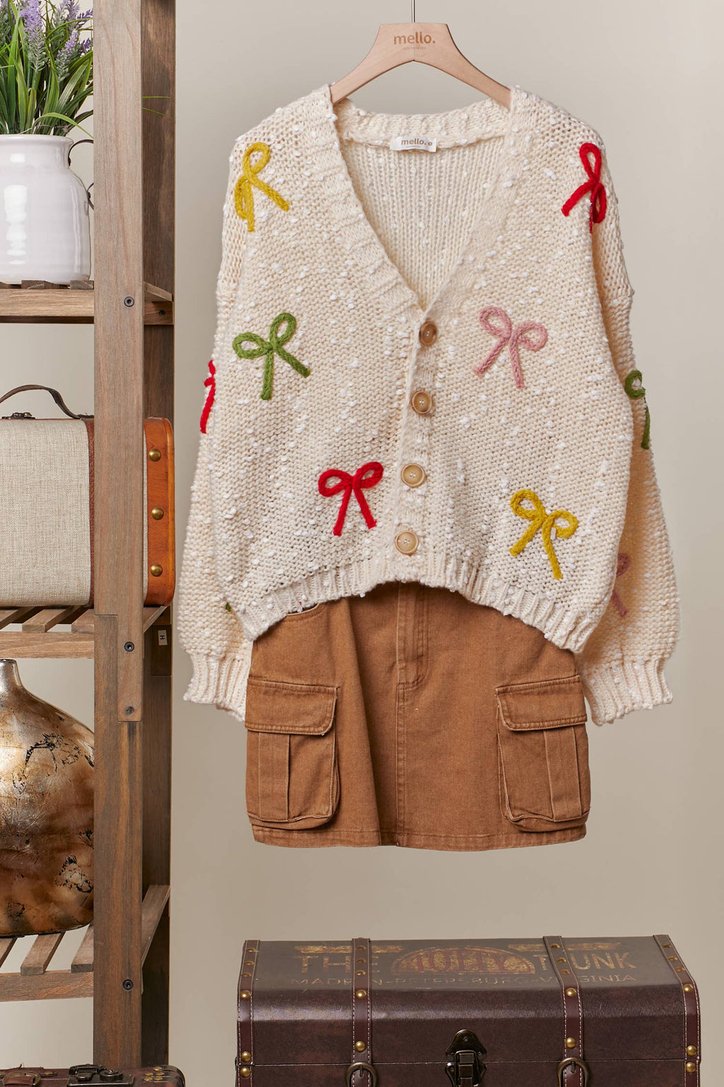 Ribbon Patched Button Sweater: Ivory Cream