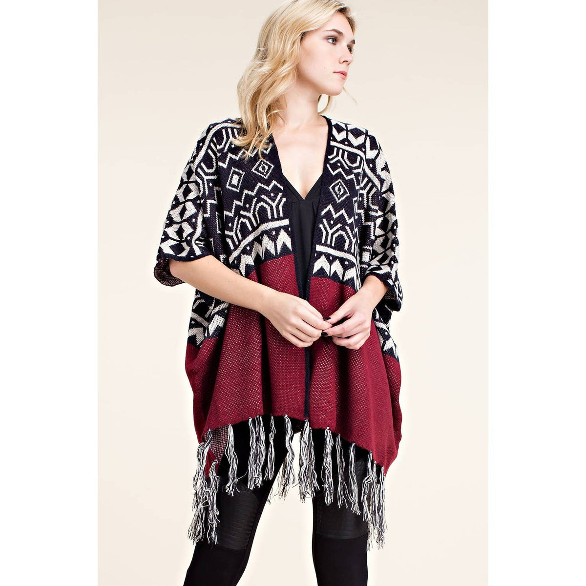 SWEATER WRAP CARDIGAN WITH FRINGE - Burgandy