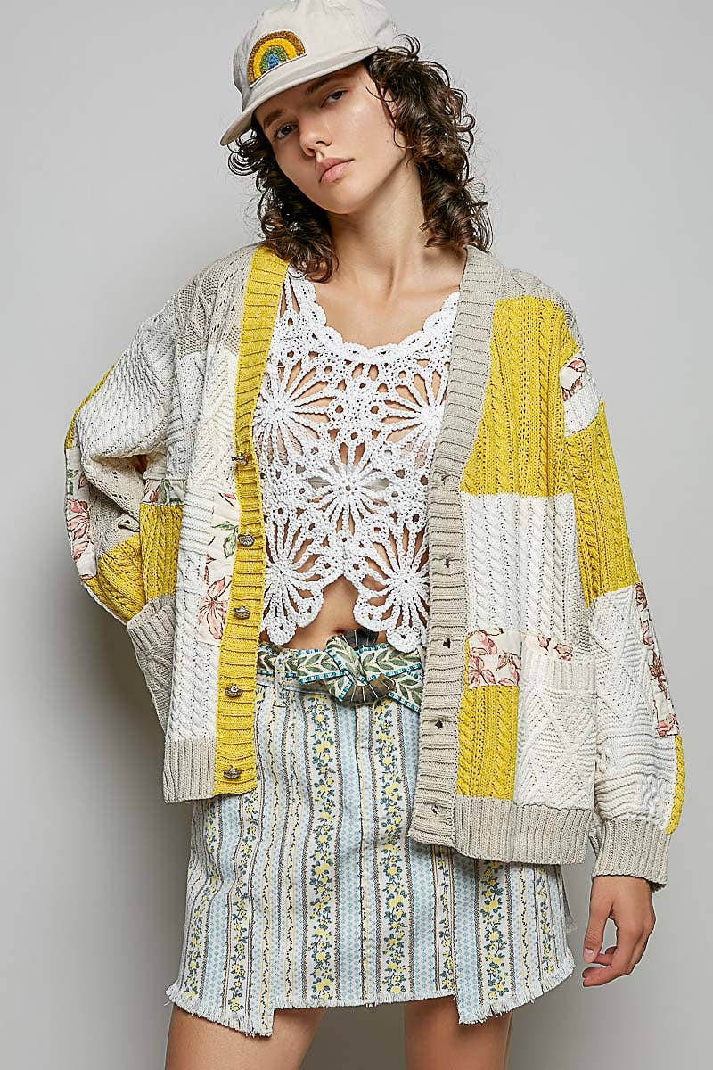 Color block pattern patch sweater cardigan: MINT/OLIVE
