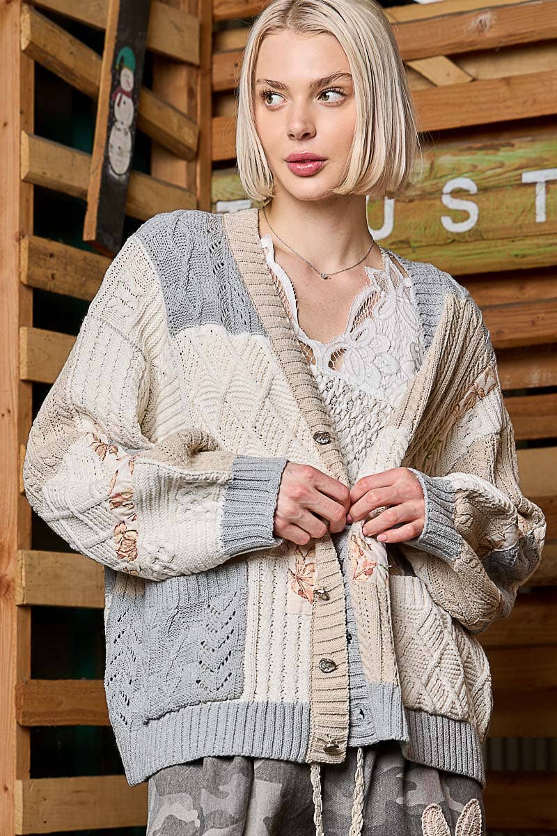 Color block pattern patch sweater cardigan: MINT/OLIVE