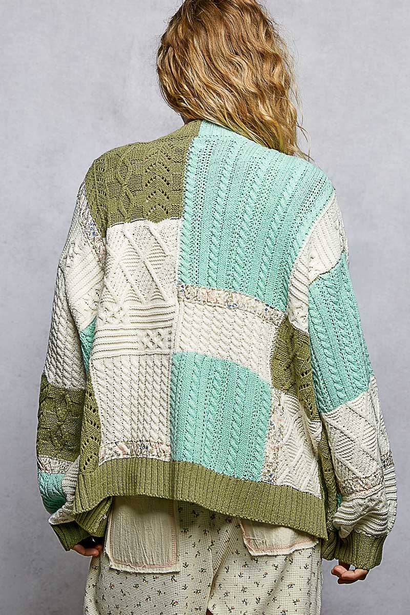 Color block pattern patch sweater cardigan: MINT/OLIVE