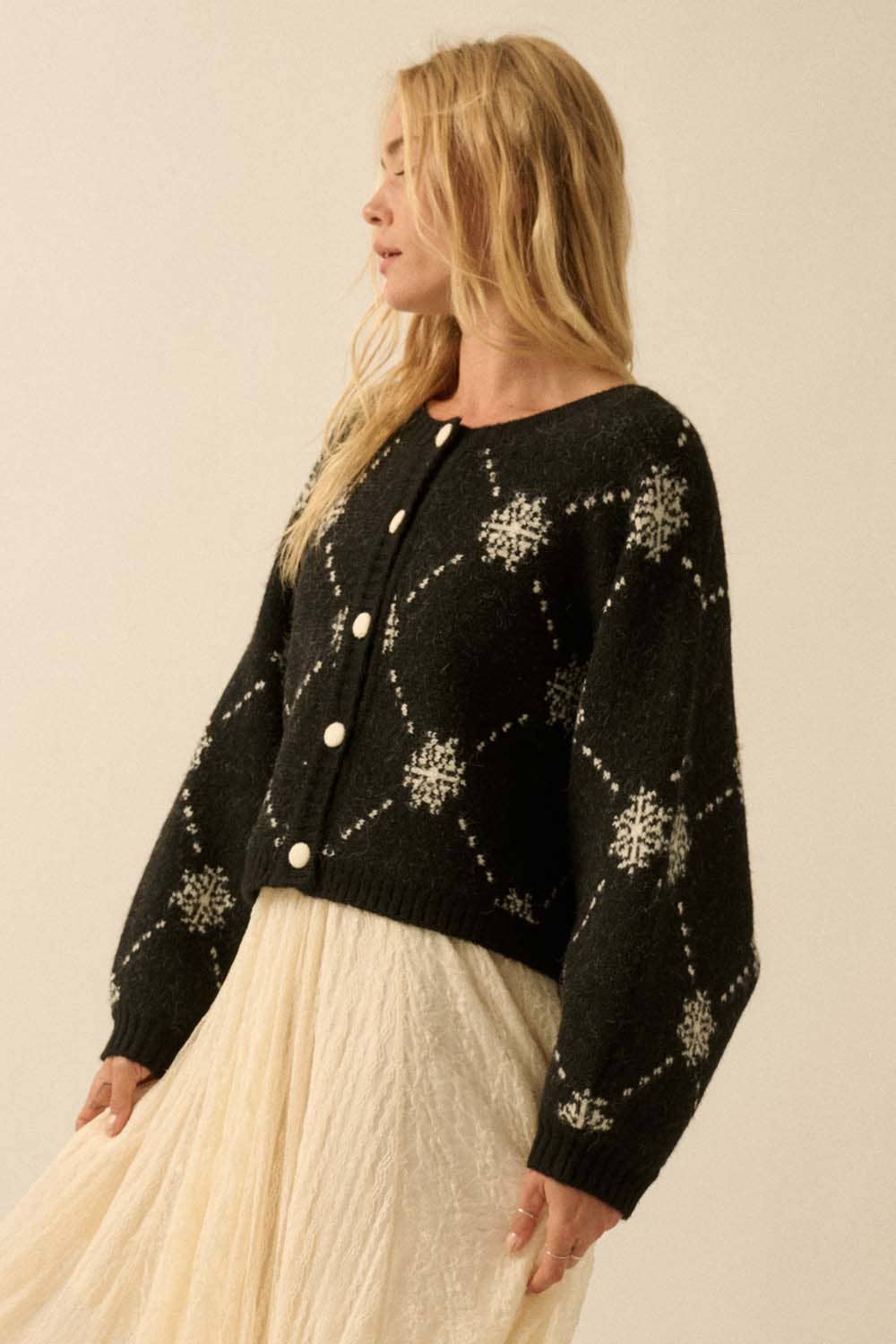 Snowflake Jacquard Knit Button-Up Dolman Sweater: Black