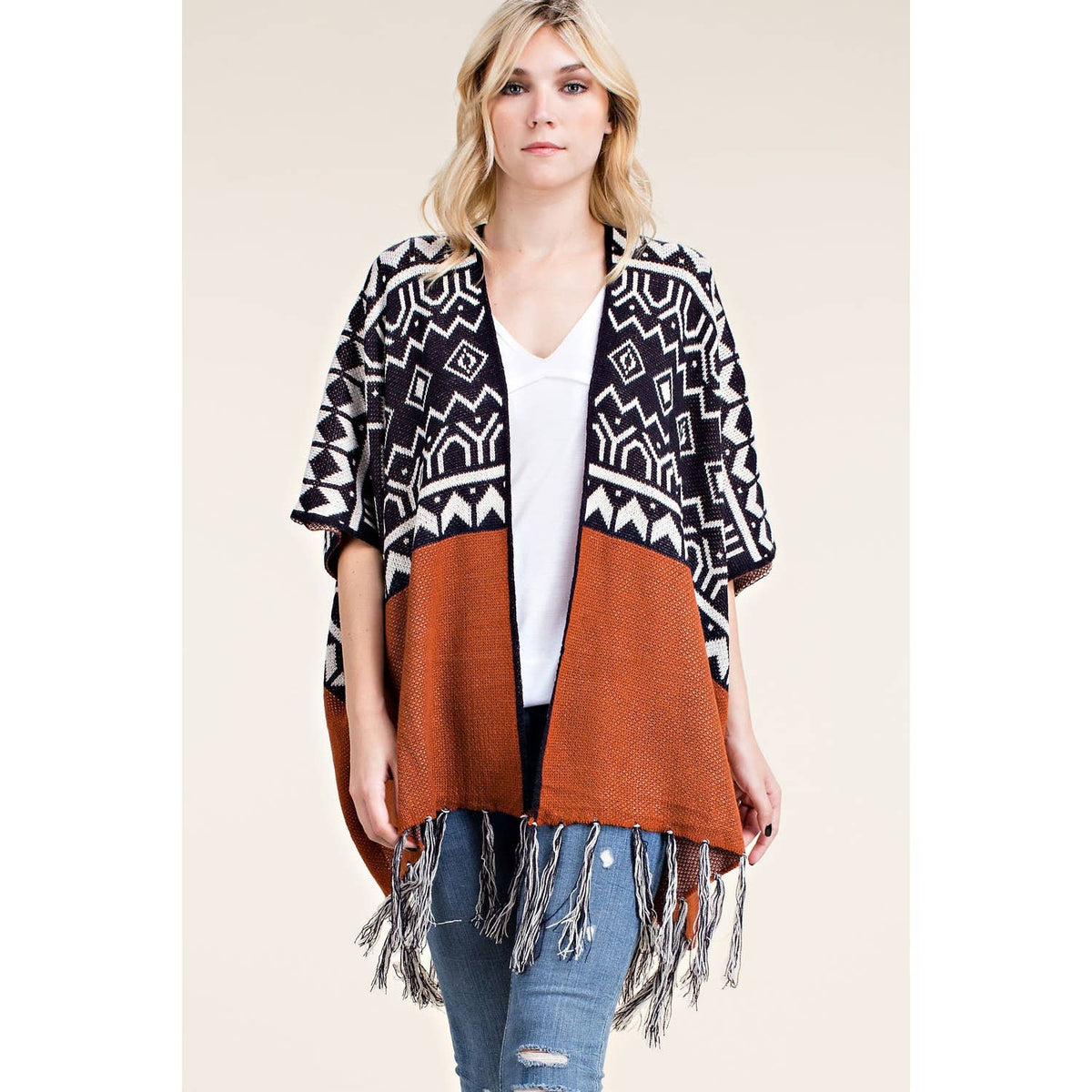 SWEATER WRAP CARDIGAN WITH FRINGE: RUST