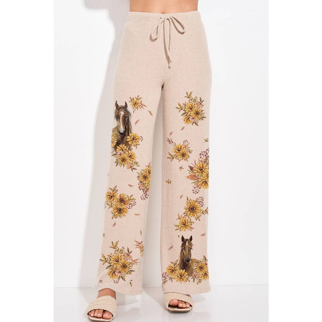 Horse Sunflower Print Rib Hoodie Loungewear Set : BLUSH