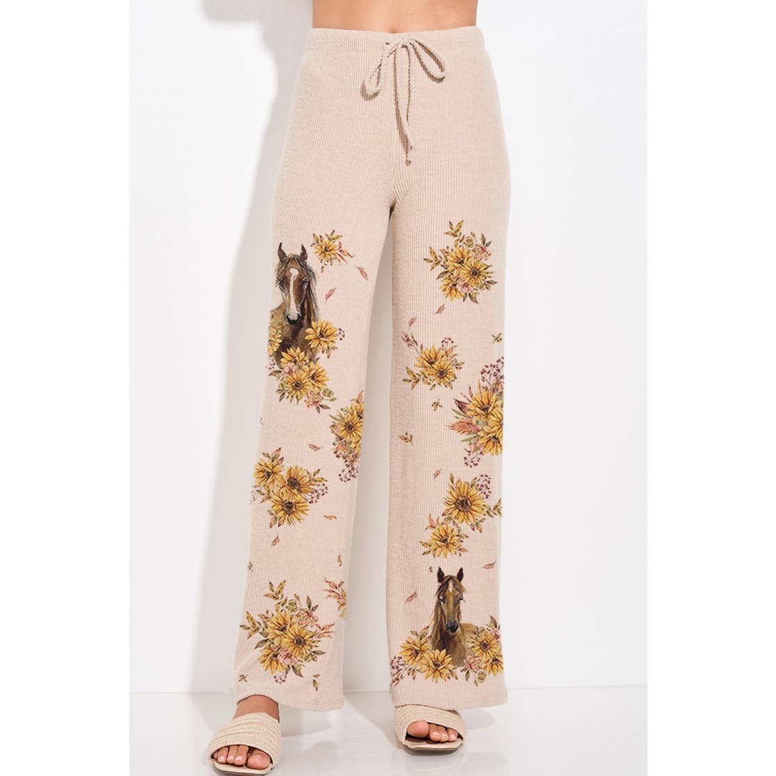 Horse Sunflower Print Rib Hoodie Loungewear Set : BLUSH