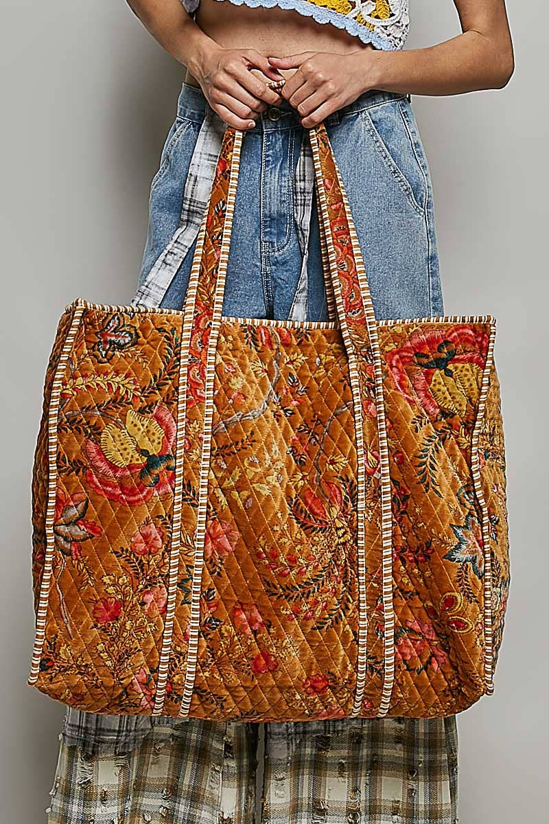 Botanical Velvet Quilted Oversized Weekender Tote Bag: FUCHSIA